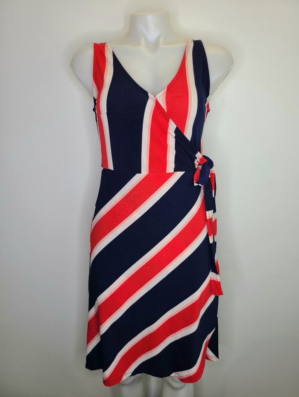 Dex Red White and Blue Diagonal Stripe Sleevless V- neck Wrap Dress Small
